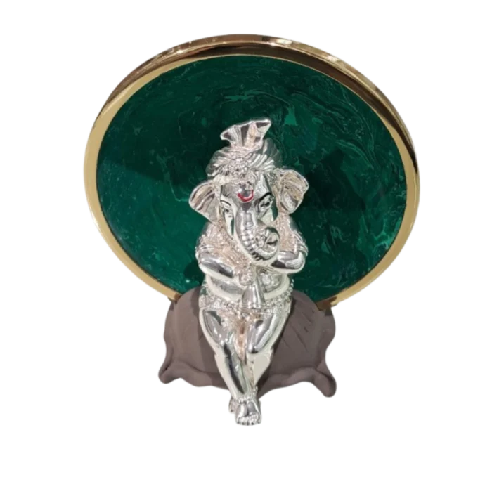 Silver Ganesha with Emerald Green Backdrop - Image 1