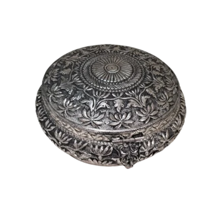 Round Silver Lotus Box with Ornate Lid
