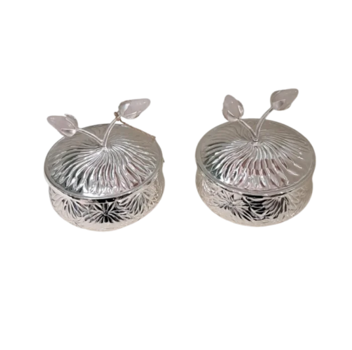 Pair of Engraved Silver Boxes with Leaf Finials - Image 1