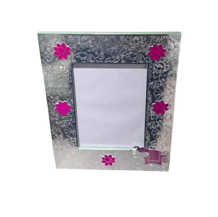 Lotus-Inspired Silver Frame with Pink Floral Accents - Image 1