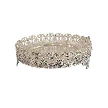Ornate Silver Round Tray with Cutwork Design