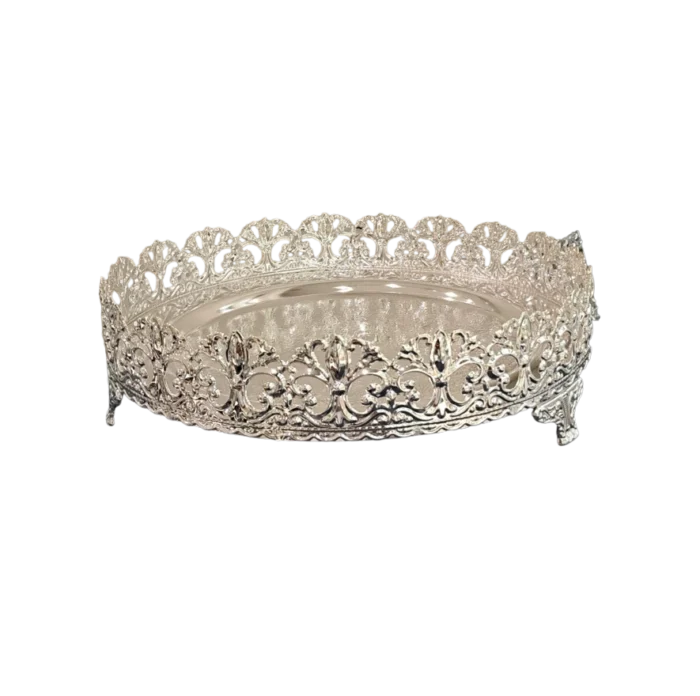 Ornate Silver Round Tray with Cutwork Design - Image 1