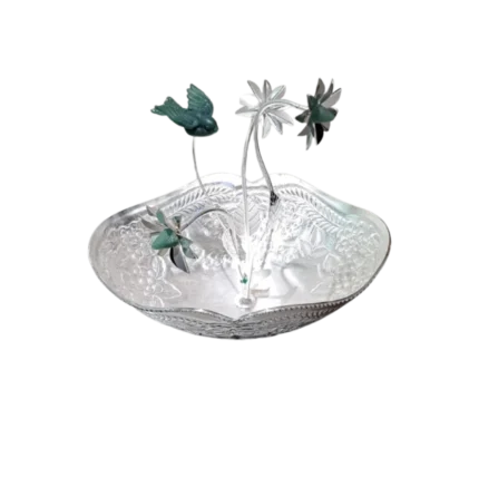 Floral Engraved Silver Bowl with Birds & Green Stone Base