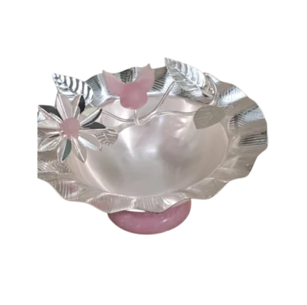 Floral & Bird Silver Bowl with Rose Quartz Base