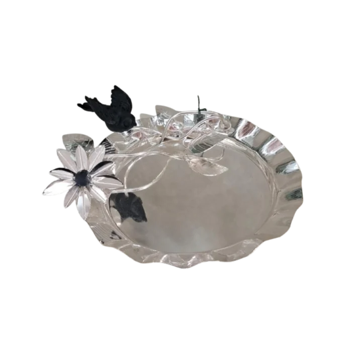 Silver Floral Tray with Bird & Black Accents - Image 1