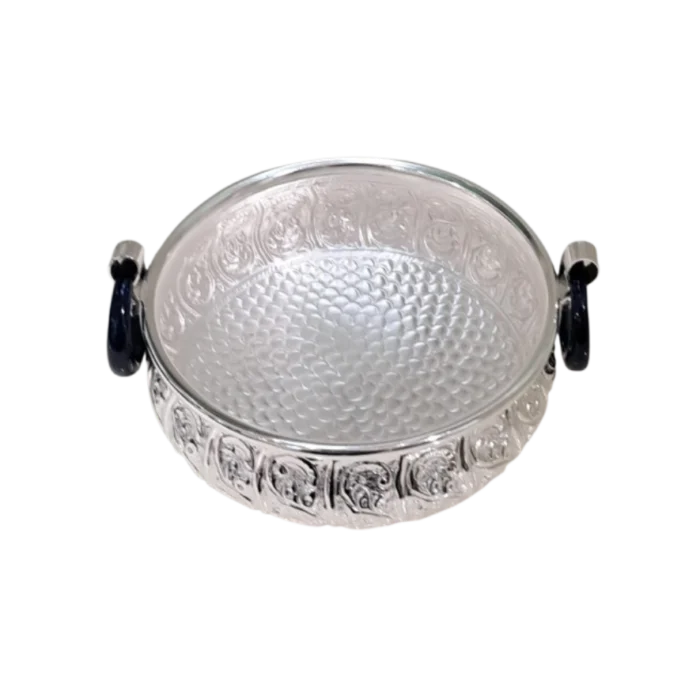 Embossed Silver Serving Bowl with Blue Handles - Image 1