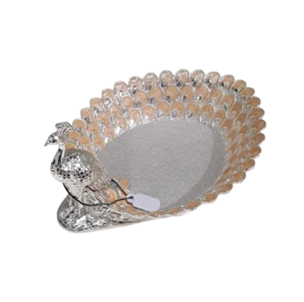 Peacock Design Silver Bowl - Gold Accents