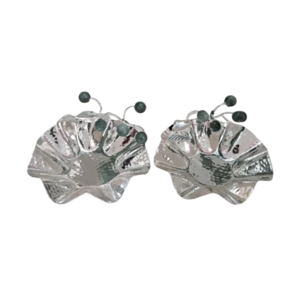 Pair of Hammered Silver Bowls with Green Stone Embellishments
