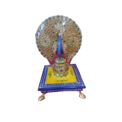 Bejeweled Peacock Figurine on Hand-Painted Wooden Chowki