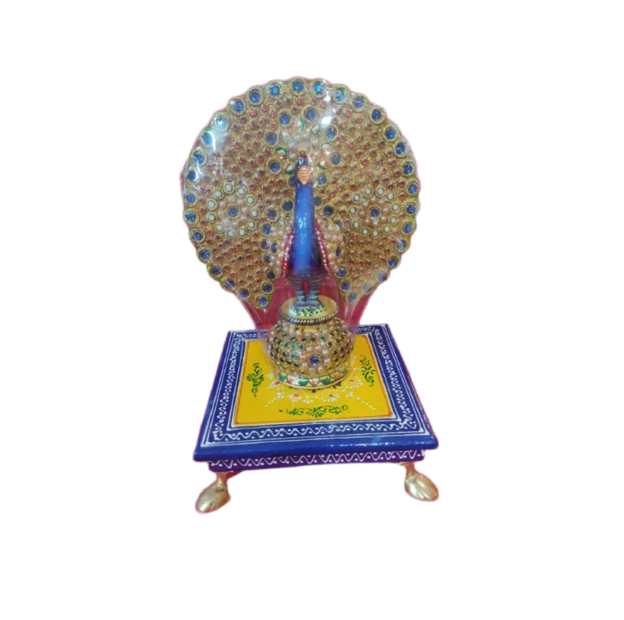 Bejeweled Peacock Figurine on Hand-Painted Wooden Chowki - Image 1