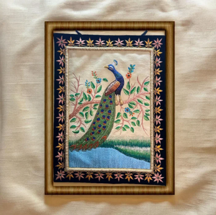 Colorful Peacock on Branch Zardozi Embroidery Wall Art - Image 1