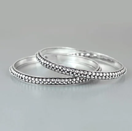 Classic Silver-Toned Beaded Edge Bangle Bracelets (Set of 2)