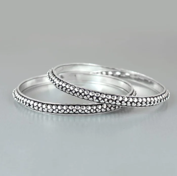 Classic Silver-Toned Beaded Edge Bangle Bracelets (Set of 2) - Image 1