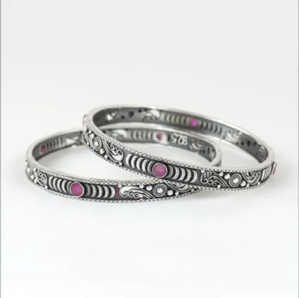 Intricate Filigree & Red Gemstone Silver Bangle Bracelets (Set of 2)
