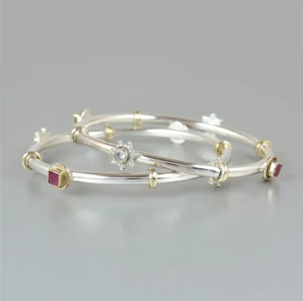 Contemporary Two-Tone Silver Bangle with Gold Accents & Gemstones