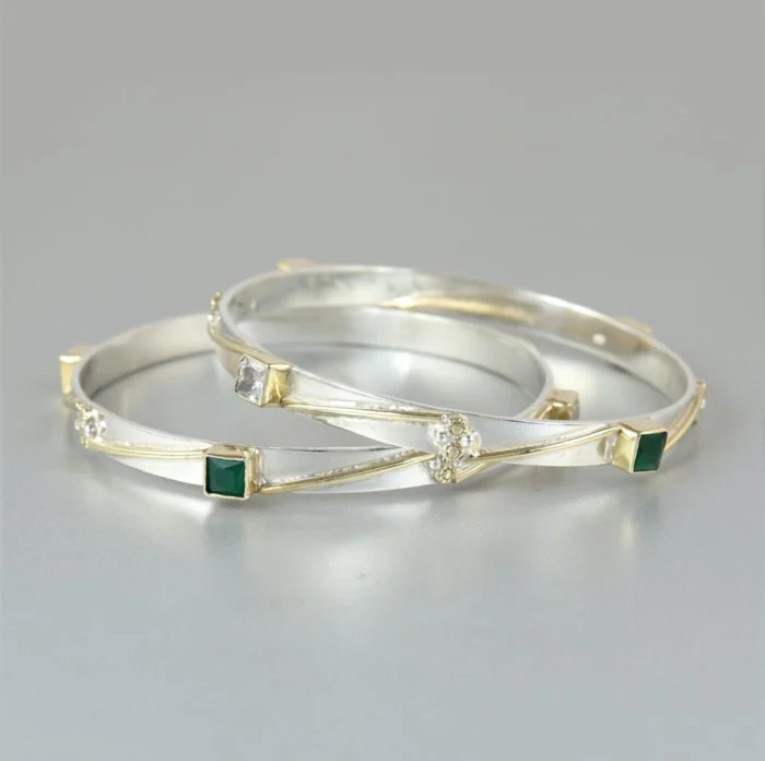 Chic Two-Tone Silver Bangle with Green & Clear Square Gemstones - Image 1