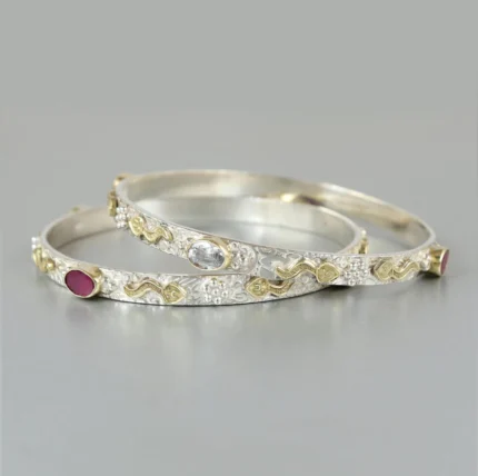 Dual-Tone Silver & Gold Leaf Motif Bangle Bracelets with Gemstones (Set of 2)
