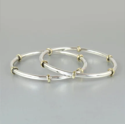 Classic Silver Bangles with Golden Bead Accents (Set of 2)