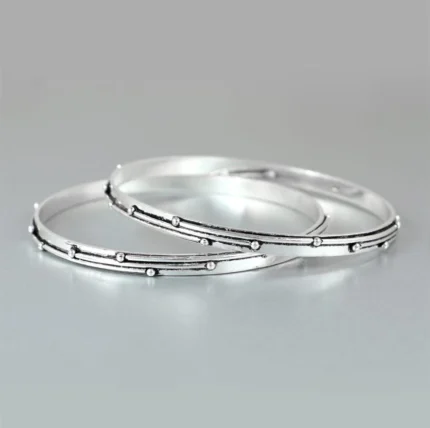 Oxidized Silver Beaded Line Bangle Bracelets (Set of 2)