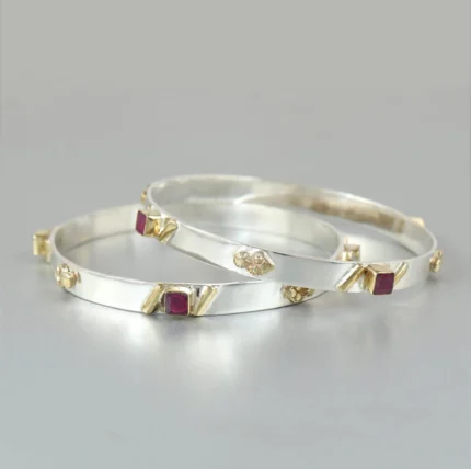Dual-Tone Silver & Gold Accented Bangle Square Bracelets with Gemstones (Set of 2)