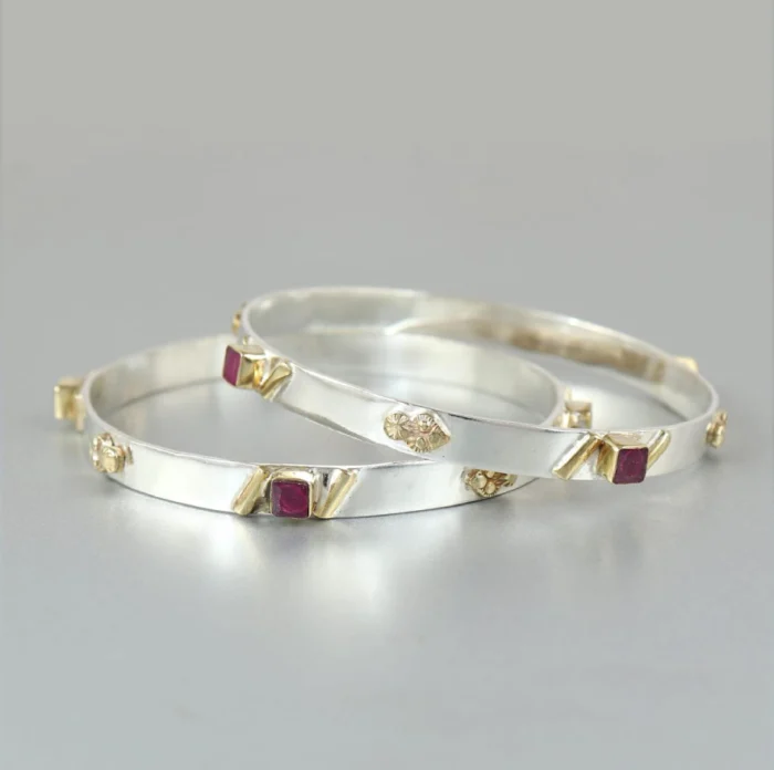 Dual-Tone Silver & Gold Accented Bangle Square Bracelets with Gemstones (Set of 2) - Image 1