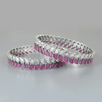 Sparkling Pink & Clear Marquise Cut Stone Bangle Bracelets (Set of 2)