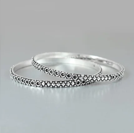 Regal Silver Bangle with Gemstone Embellishment (Set of 2)