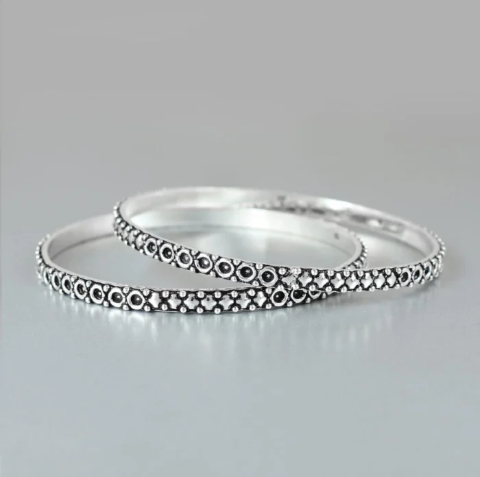 Handcrafted Intricately Etched Pure Silver Bangles (Set of 2) - Image 1