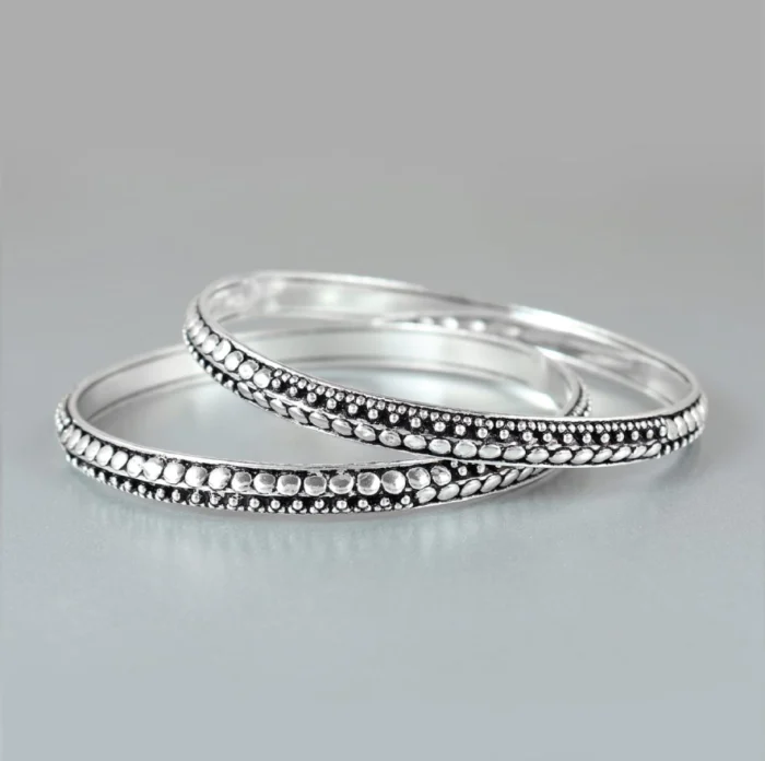 Polished Silver Bangles with Raised Silver Dot Detailing (Set of 2) - Image 1