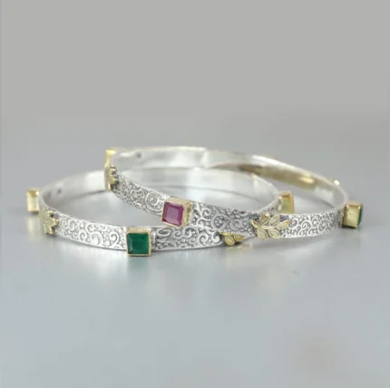 Oxidized Silver & Gold Bangle with Gemstones and Etched Details (Set of 2)