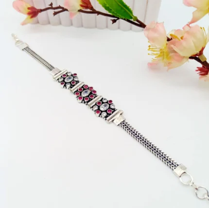 Elegant Wavy All Round 3 Beads Silver Bangle Bracelets (Set of 2)