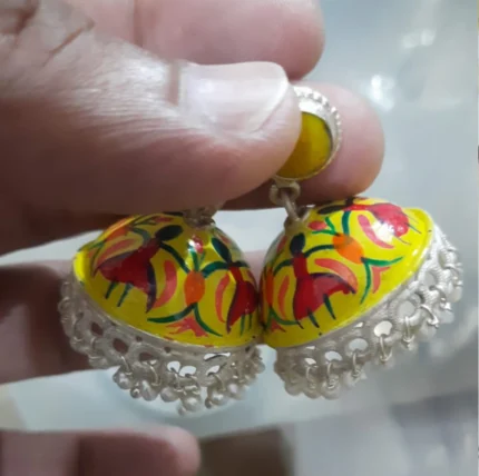 Hand-Painted Yellow Jhumka Earrings with Abstract Folk Art