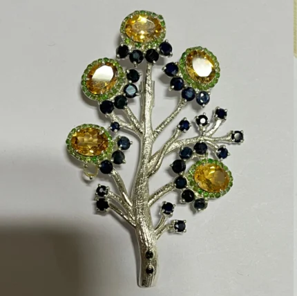 Unique Sterling Silver Citrine & Multi-Gemstone Tree Brooch