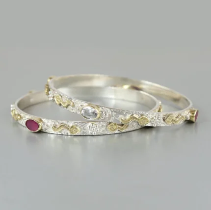 Two-Tone Engraved Silver & Gold Bangle Bracelets with Gemstones (Set of 2)
