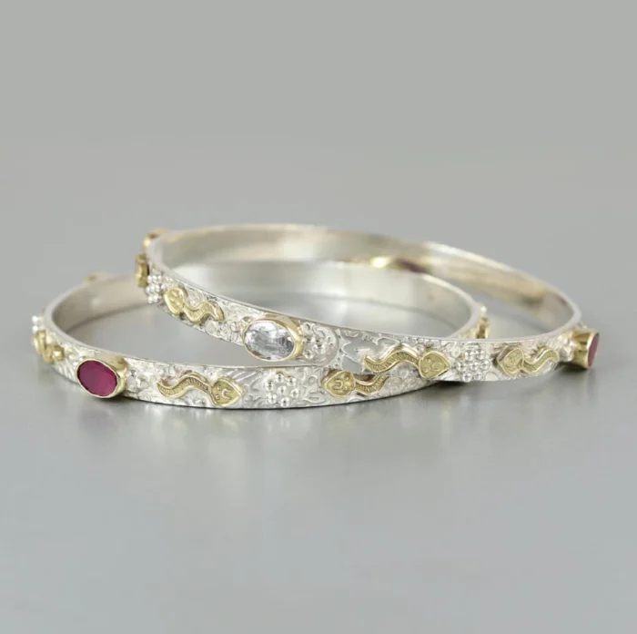 Two-Tone Engraved Silver & Gold Bangle Bracelets with Gemstones (Set of 2) - Image 1