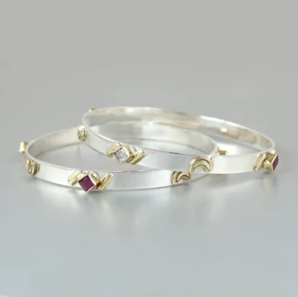 Dual-Tone Silver & Gold Accented Bangle Tringle Bracelets with Gemstones (Set of 2)