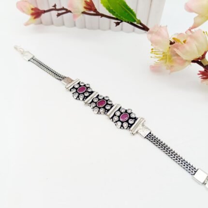 Elegant Wavy All Round 3 Beads Blue Silver Bangle Bracelets (Set of 2)